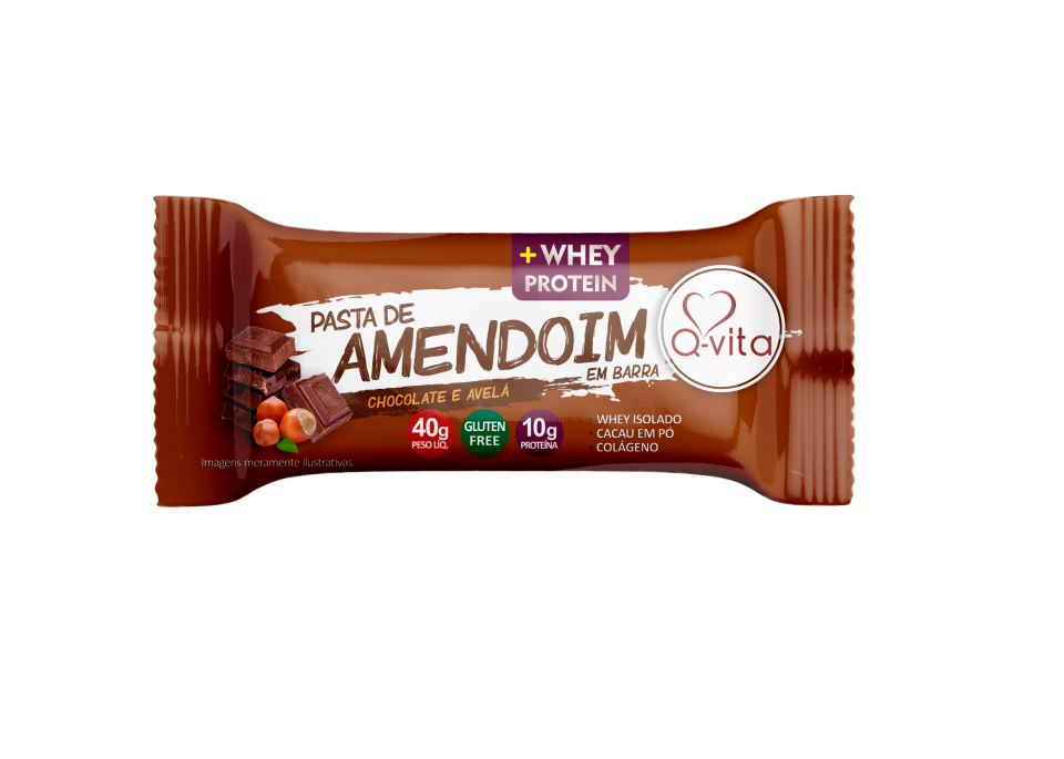 Barra de Pasta de Amendoim com Whey Protein Zero Glúten 18x40g sabor Chocolate & Avelã | Q-Vita