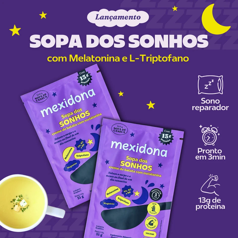 Sopa de Caneca Sem Glúten Sonhos 8x30g - Creme de Batata com Melatonina - Mexidona