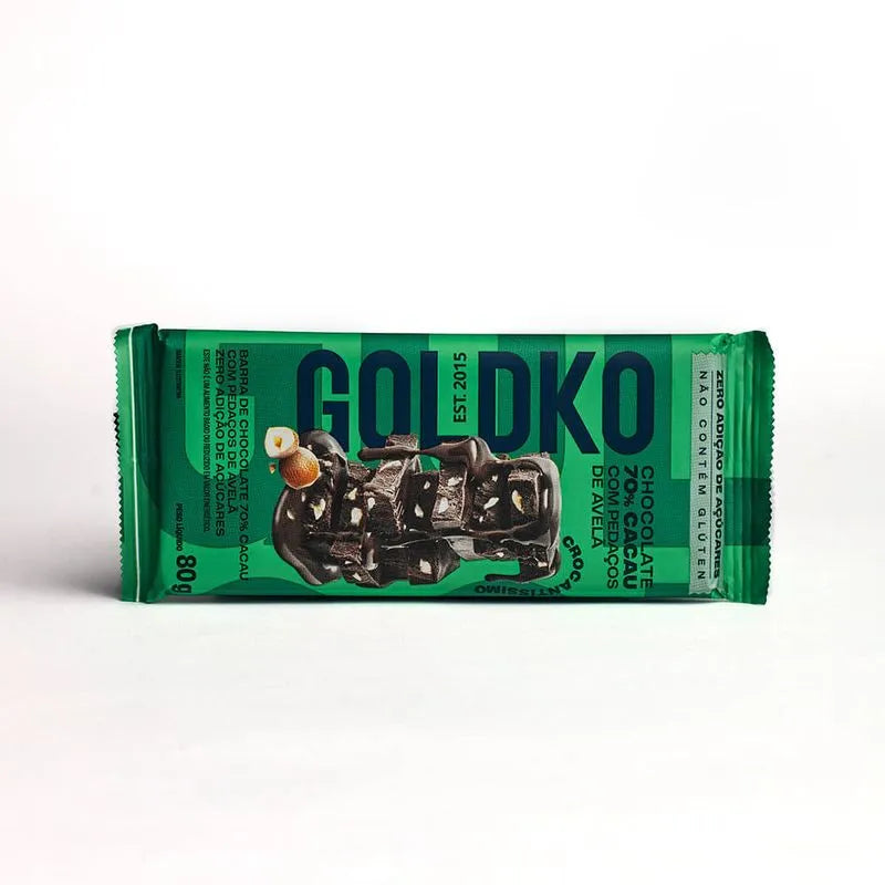 Chocolate 70% Cacau Zero Açúcar Caixa 8x80g sabor com Avelã | Goldko
