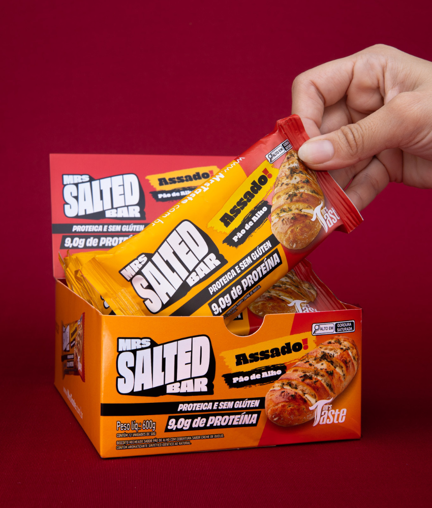 Barrinha de Proteína Salgada Sem Glúten Sabor Pão de Alho 12X50g | Mrs Taste