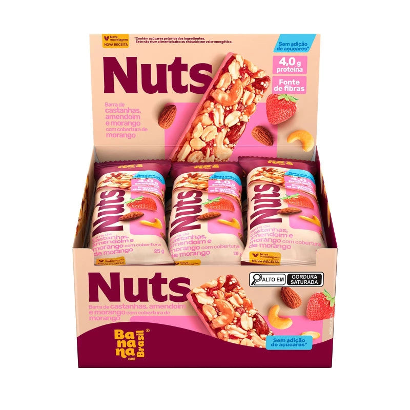 Barra Nuts Zero Açúcar sem Glúten 12x25g Castanha, Amêndoa e Morango | Banana Brasil