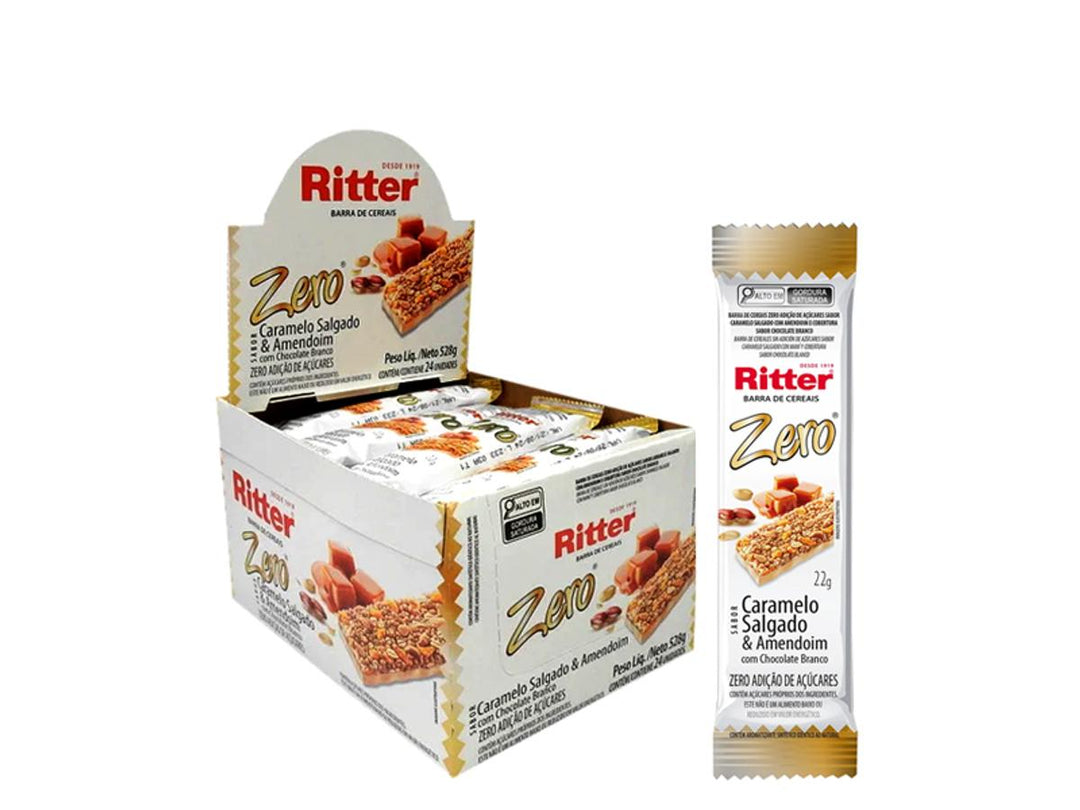 Barra cereal zero açúcar 24x22g sabor caramelo salgado, amendoim e chocolate branco | Ritter
