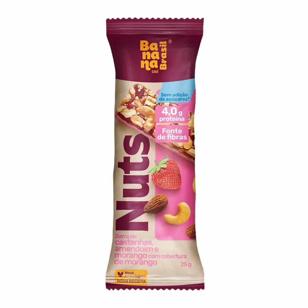 Barra Nuts Zero Açúcar sem Glúten 12x25g Castanha, Amêndoa e Morango | Banana Brasil