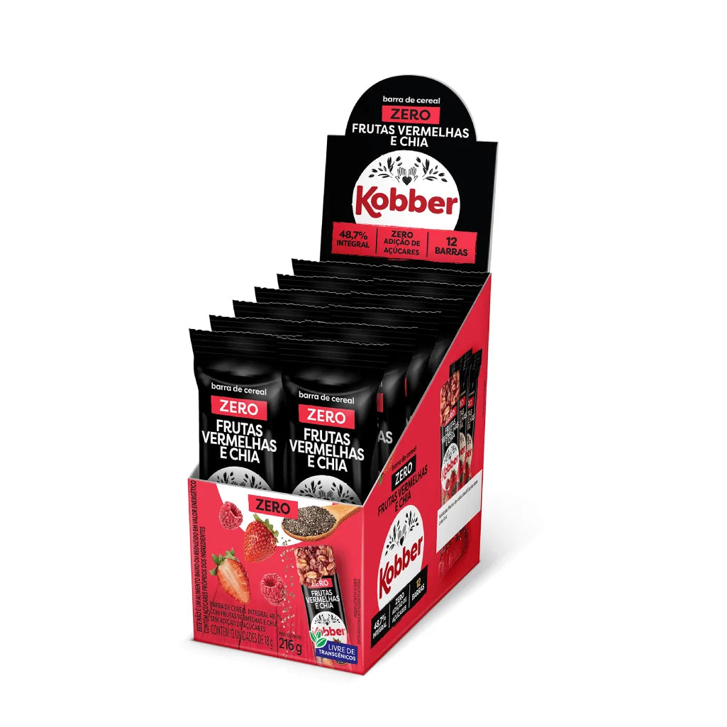 Barra de Cereal Zero Açúcar Sabor Frutas Vermelhas com Chia 12x18g | Kobber