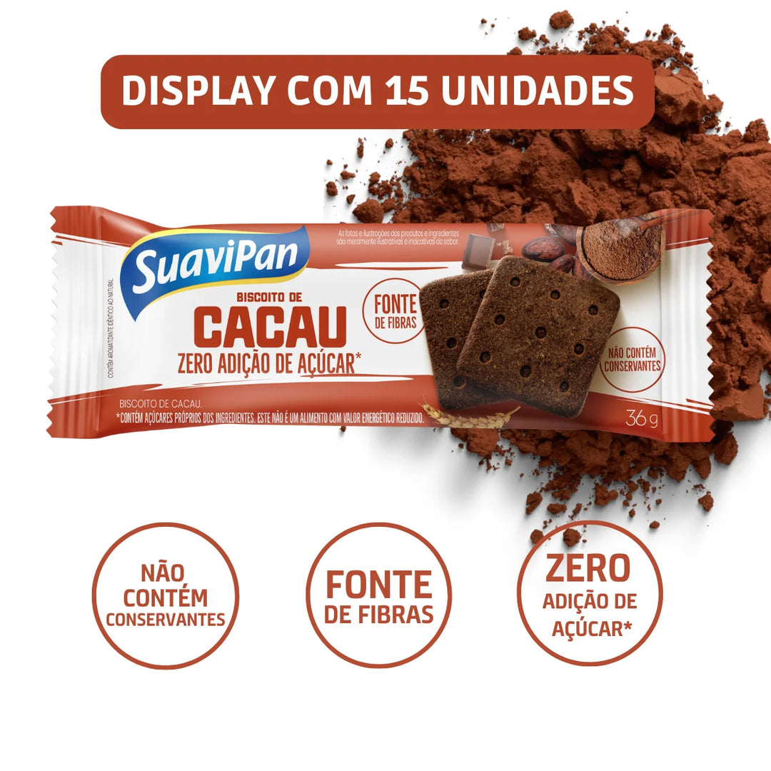 Biscoito Zero Açúcar Sabor Cacau 15x36g | Suavipan