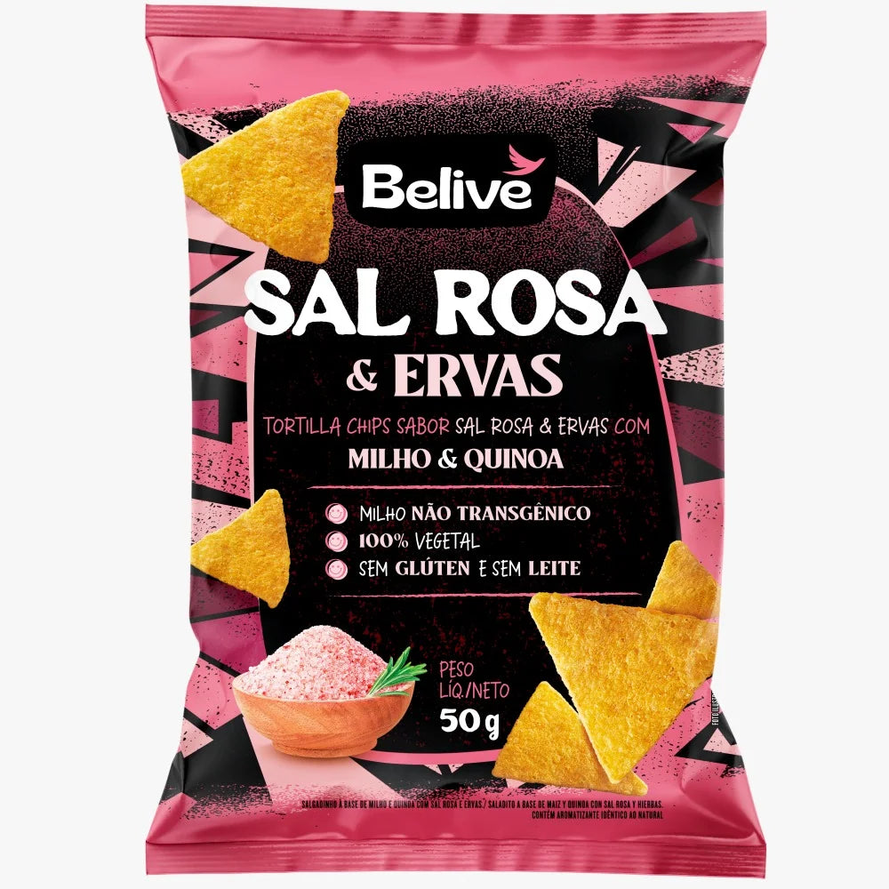 Tortilla Chips BeLive Sem Leite e Sem Glúten 50g sabor Sal Rosa e Ervas | BeLive