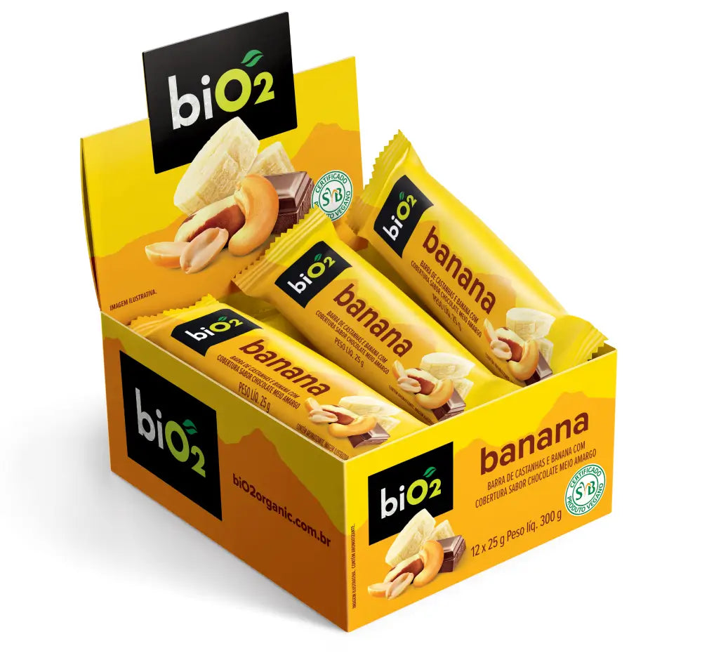Bio2 Barra Vegana Orgânica 12x25g sabor Banana, Castanhas e Chocolate | Biobrasil