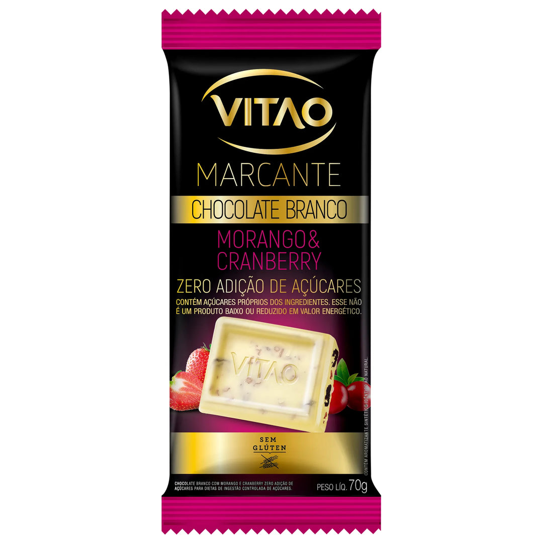 Chocolate Marcante Branco Zero Açúcar e sem Glúten 6x70g sabor Morango com Cranberry | Vitao
