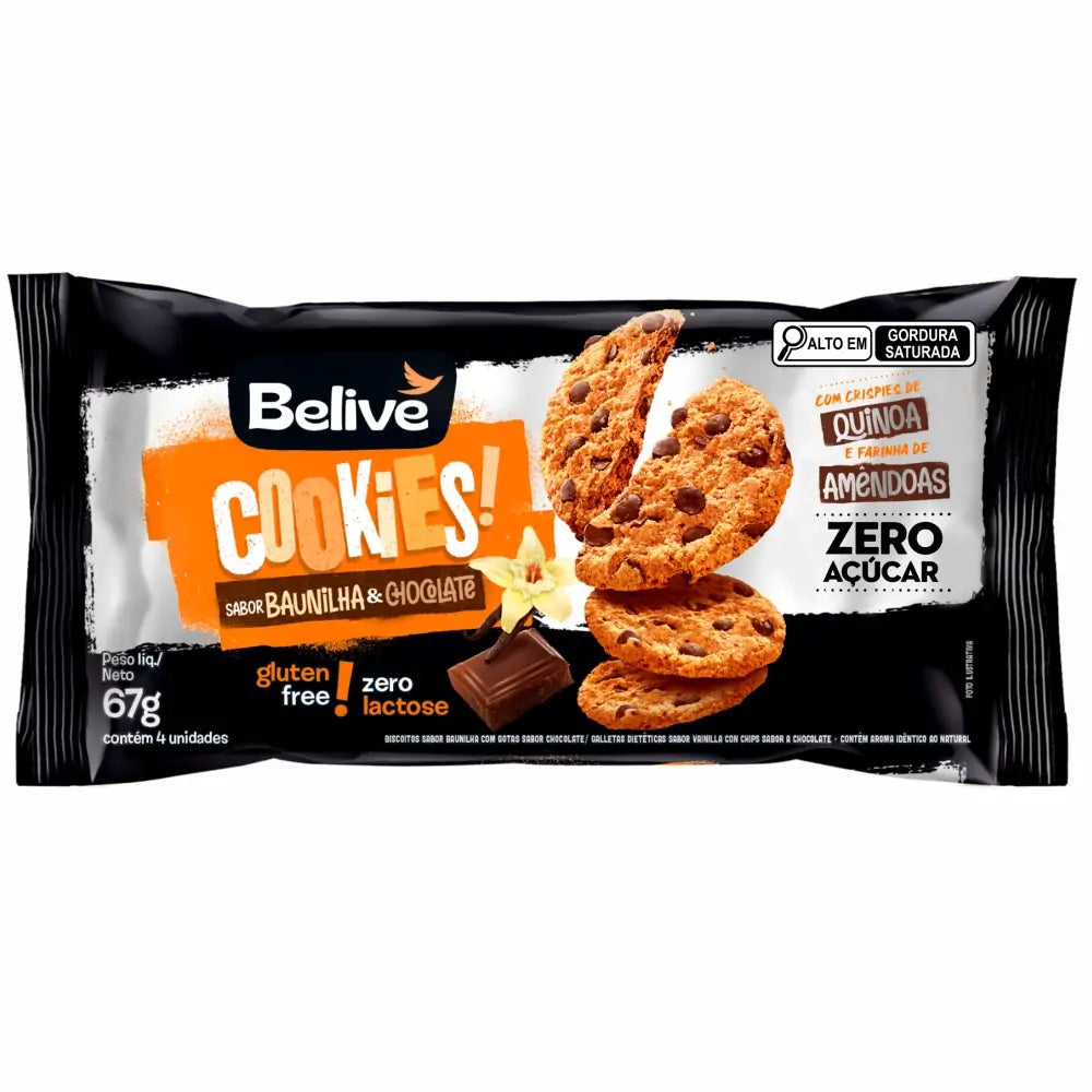 Cookie Belive Zero Açúcar, sem Glúten e sem Lactose 10x67g sabor Baunilha com Gotas de Chocolate | Belive