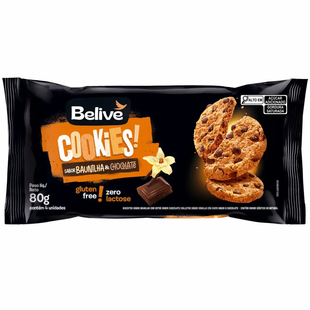 Cookie Belive sem Glúten e sem Lactose 10x80g sabor Baunilha com Gotas de Chocolate | Belive