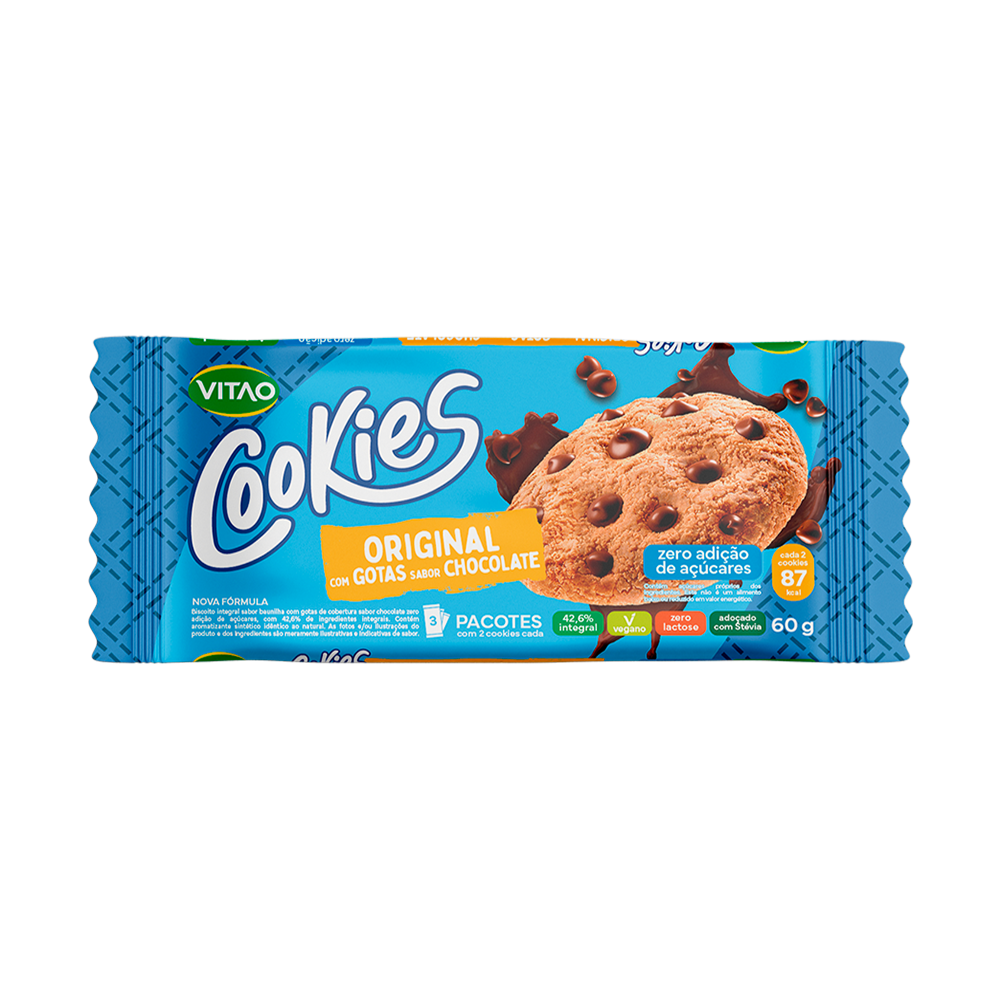 Cookie Vegano Integral Zero Açúcar 60g sabor Gotas de Chocolate | Vitao