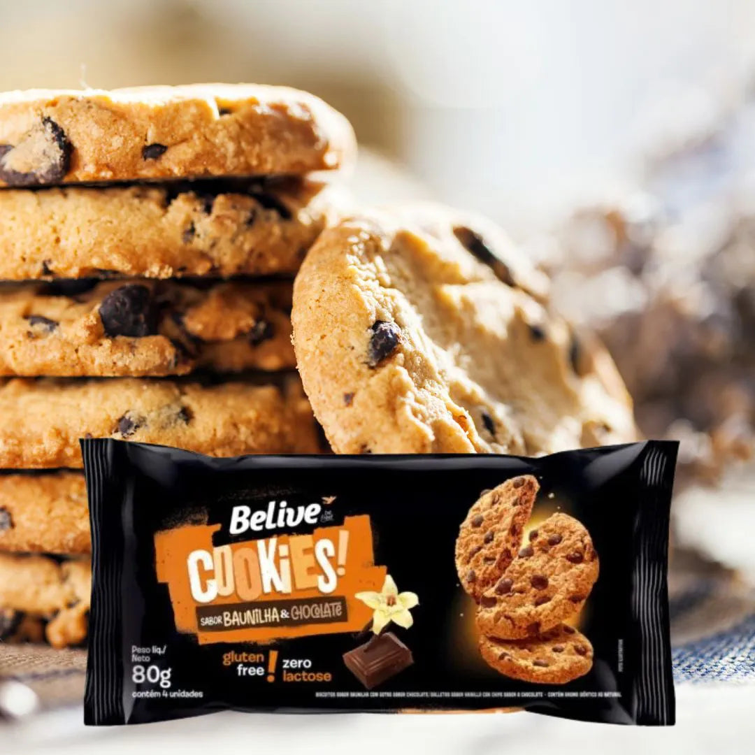 Cookie Belive Zero Açúcar, sem Glúten e sem Lactose 10x67g sabor Baunilha com Gotas de Chocolate | Belive