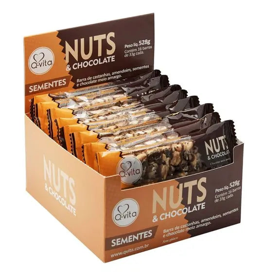 Barra Nuts sem Glúten 16x33g sabor Sementes com Chocolate | Q-Vita