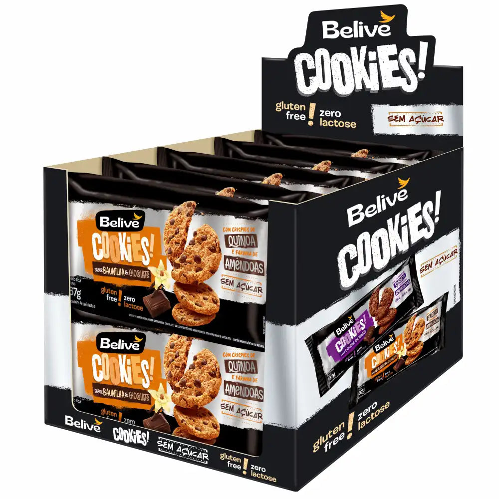Cookie Belive Zero Açúcar, sem Glúten e sem Lactose 10x67g sabor Baunilha com Gotas de Chocolate | Belive