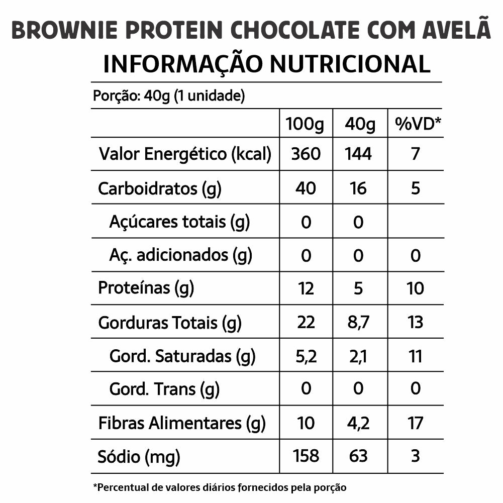 Brownie Proteico Chocolate C/Avelã Zero Açúcar, Lactose e Glúten 10 unidades 40g Belive