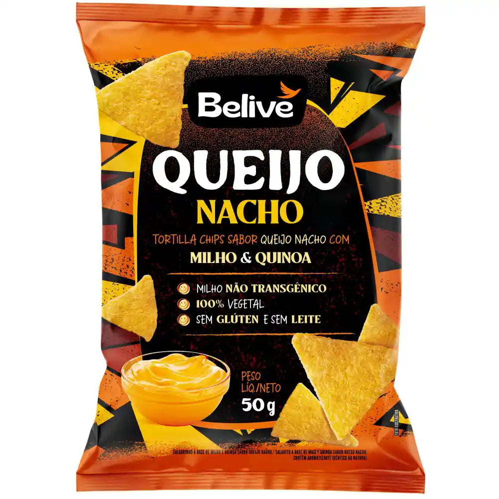 Tortilla Chips BeLive Sem Leite e Sem Glúten 50g sabor Queijo Nacho | BeLive