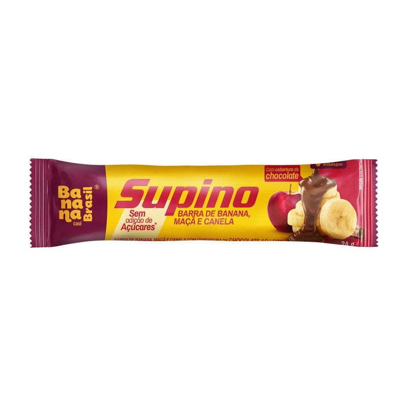 Supino Zero Açúcar 20x24g Banana, Maçã e Canela com Cobertura de Chocolate | Banana Brasil