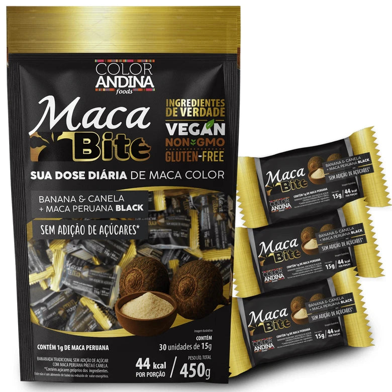 Maca Bite Black Vegan 450g - Banana, Canela e Maçã - Color Andina
