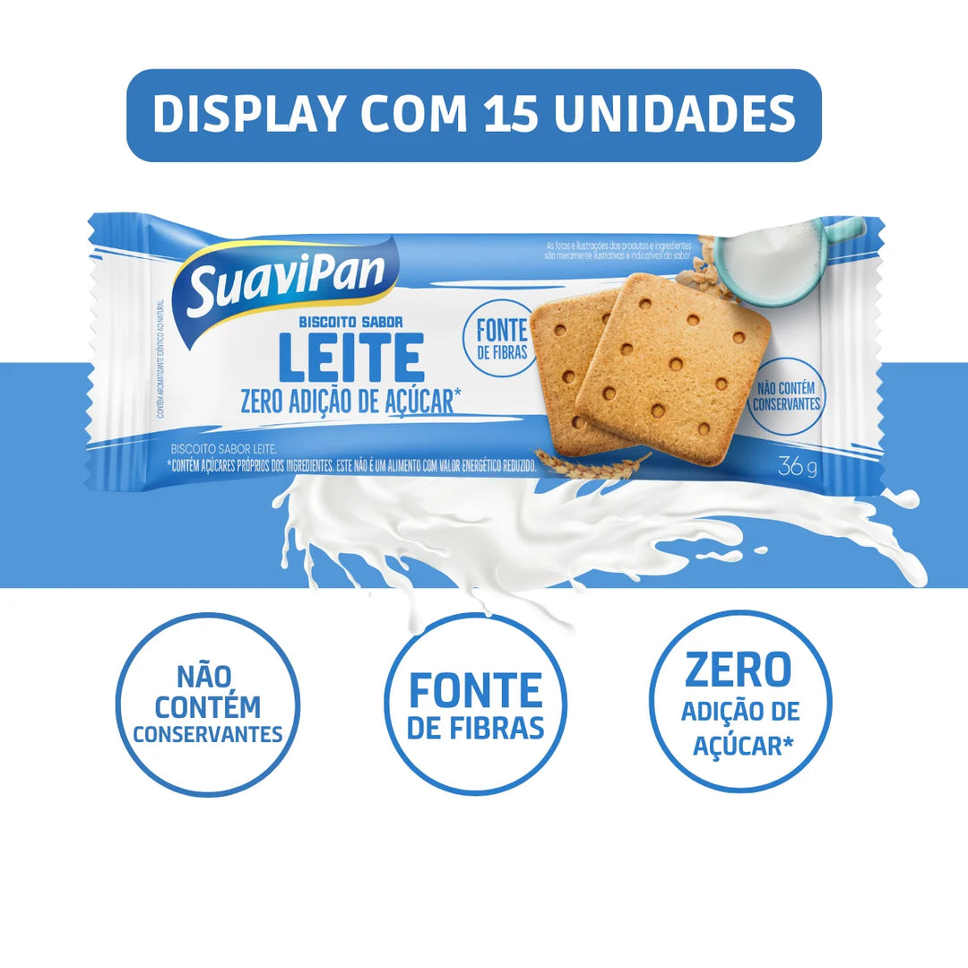Biscoito Zero Açúcar Sabor Leite 15x36g | Suavipan