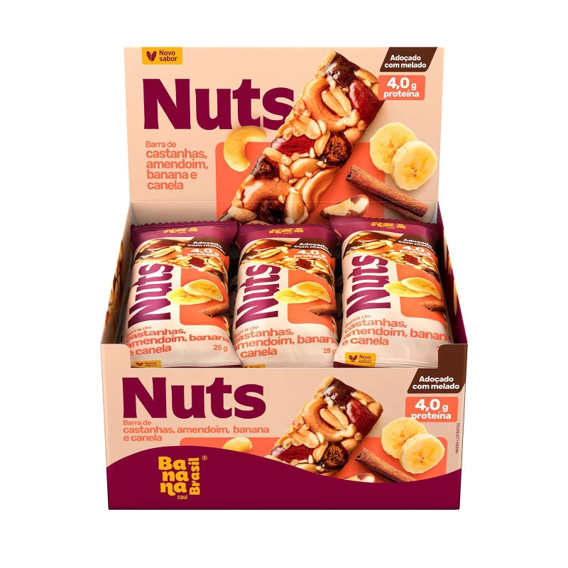 Barra Nuts sem Glúten 12x25g sabor Castanha, Amêndoas, Banana e Canela | Banana Brasil