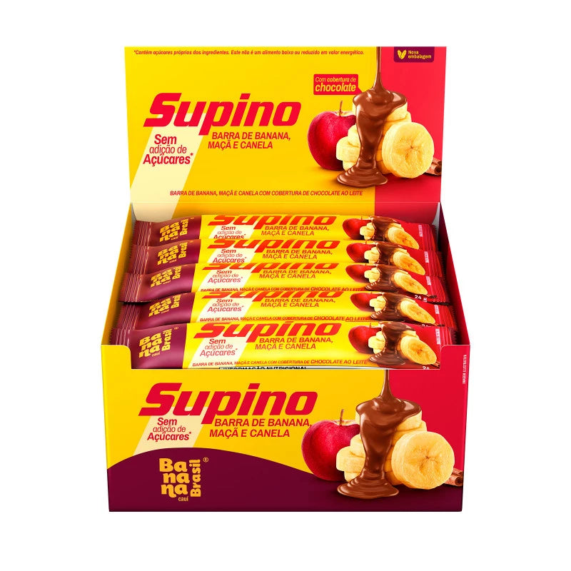 Supino Zero Açúcar 20x24g Banana, Maçã e Canela com Cobertura de Chocolate | Banana Brasil