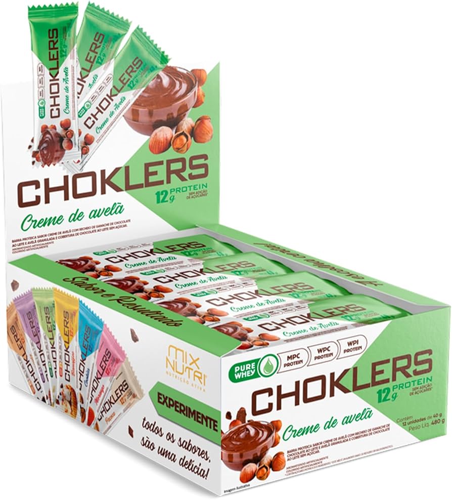 Barra de Proteína sem Glúten Choklers 12x40g sabor Creme de Avelã | Mix Nutri