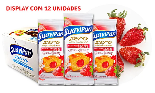 Bolinho Baunilha C/Morango Zero Açúcar 12 unidades 40g Suavipan