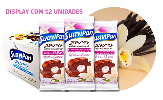 Bolinho Chocolate C/Baunilha Zero Açúcar 12 unidades 40g Suavipan