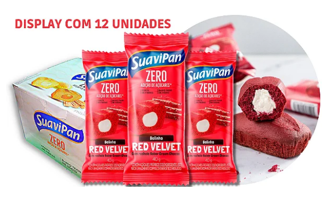 Bolinho Red Velvet C/Cream Cheese Zero Açúcar 12 unidades 40g Suavipan