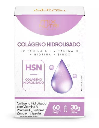 Colágeno HSN hidrolisado 500mg com vitaminas A, C, biotina e zinco 60 cápsulas | Mix Nutri