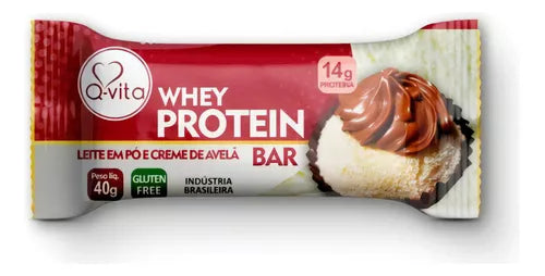 Barra de Whey Protein sem Glúten 18x40g sabor Leite em Pó com Creme de Avelã | Q-Vita