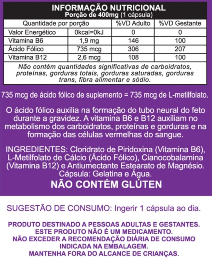Metilfolato Com Vitaminas B12 e B6 30 Cápsulas Duom