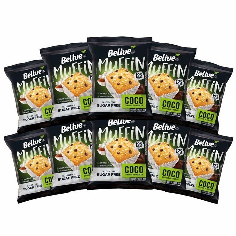 Display 10 unid Bolinho Coco com Gotas de Chocolate Sem Açúcar Sem Glúten Sem Leite Belive 40g cada