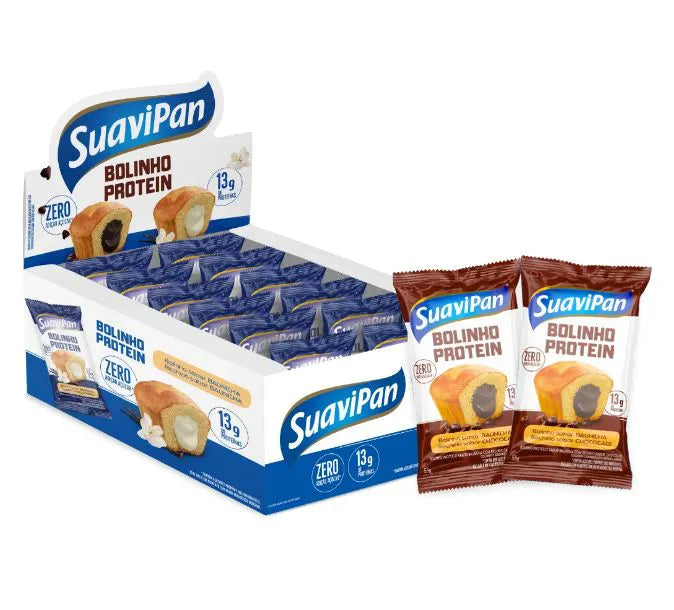 Bolinho proteico zero açúcar 12x55g sabor baunilha com chocolate | Suavipan