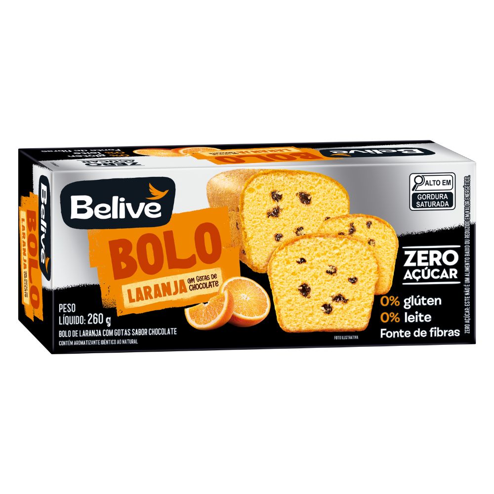 Bolo Laranja C/Gotas Chocolate S/Açúcar, Glúten e Leite 260g Belive