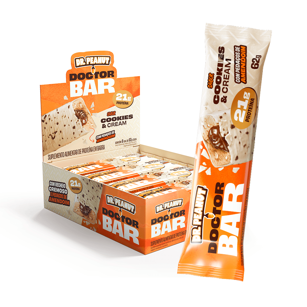 DOCTOR BAR DR.PEANUT 8X62G COOK.CREAM C/PEDACOS DE AMEND.