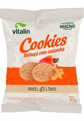 Cookie Integral Vegano sem Glúten 12x30g sabor Linhaça com Castanha | Vitalin Alimentos