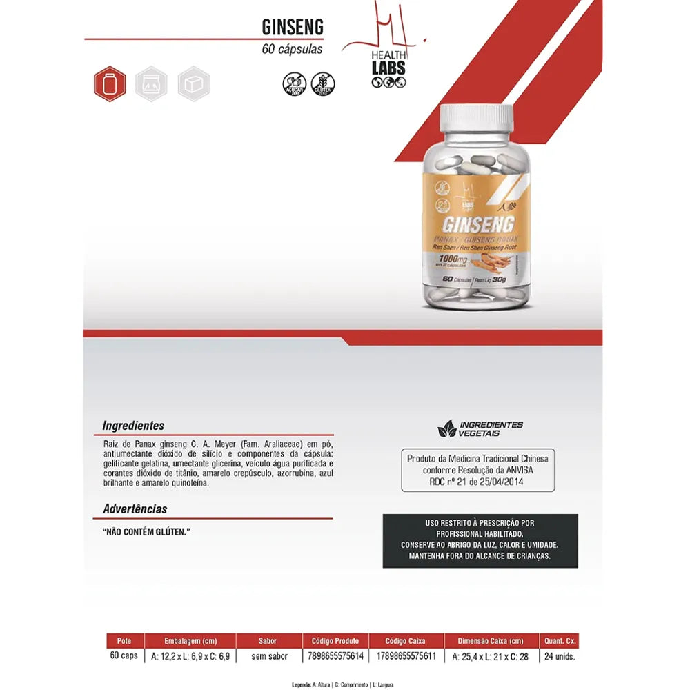 Ginseng 500mg 60 cápsulas | Health Labs