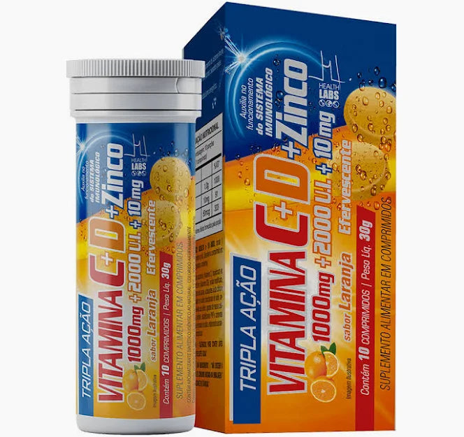 Vitaminas C, D e Z Efervescente Tripla Ação Sabor Laranja 10 comprimidos | Health Labs