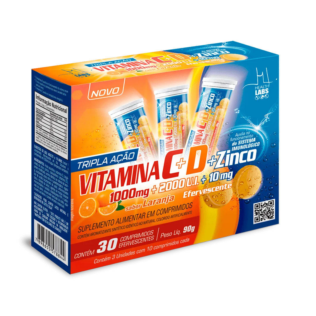 Vitaminas C, D e Z Efervescente Tripla Ação Sabor Laranja 10 comprimidos | Health Labs